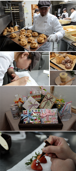 お菓子の製造工程（焼き菓子やクリーム作業風景）